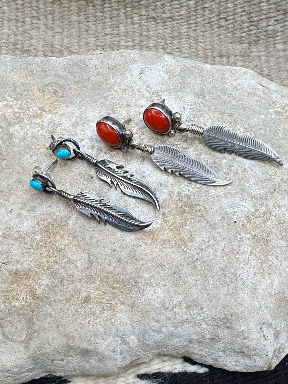 Navajo Native American Sterling Silver Coral Turquoise Feather Dangle Earrings